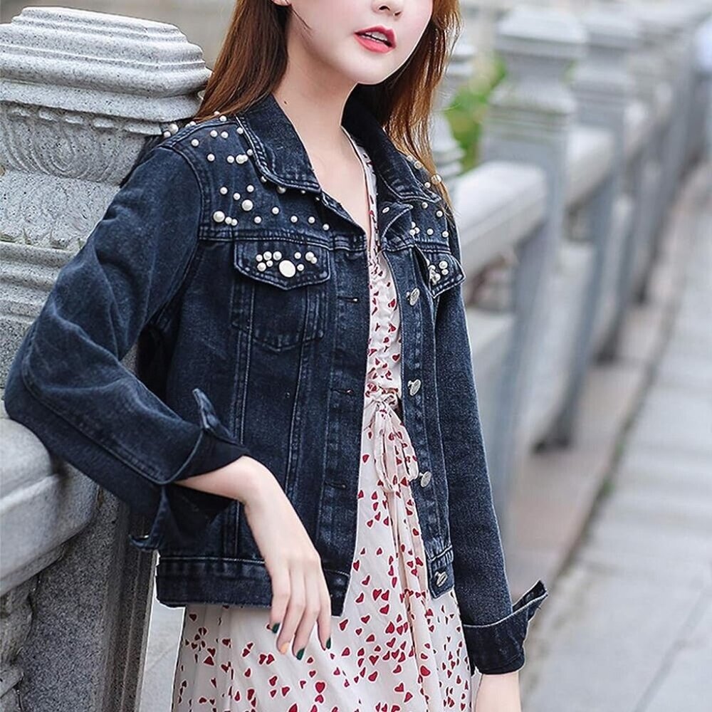 Womens Wash Denim Jackets Large Black White Mid Length Decorated With Pearls